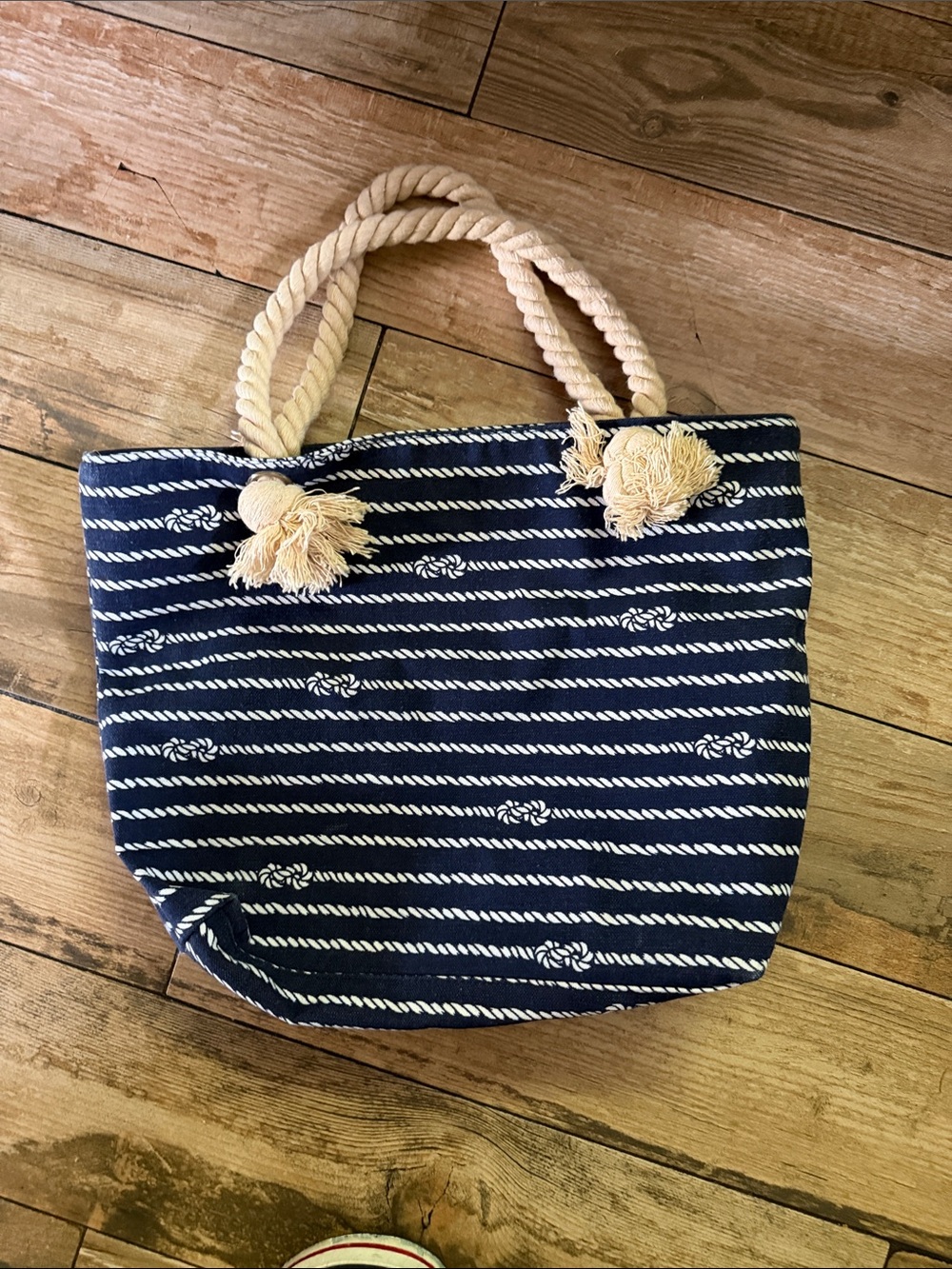Navy & Cream Rope-Handle Shoulder Tote Bag